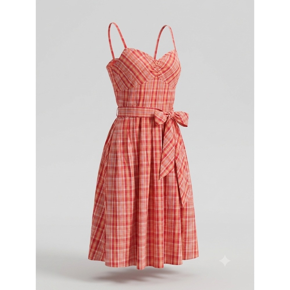 Y2K LOFT Orange Plaid Sundress Fit & Flare Belted 8 Retro Vintage Cottagecore